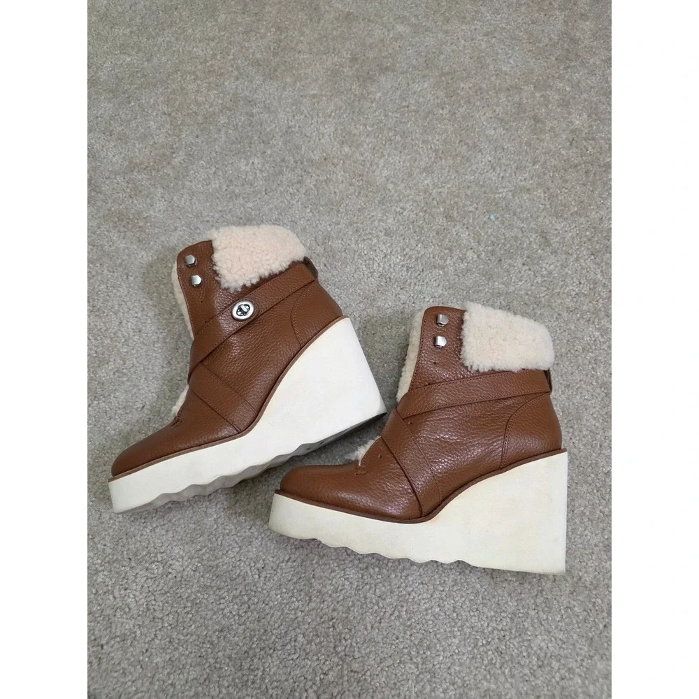 Coach Kenna Leather Shearling Wedge Booties Brown Y2K Size 8B